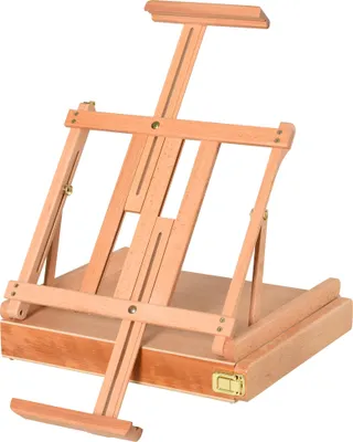 Zdjęcie produktu dla Sztaluga Vinsetto, rama noszy, sztaluga walizkowa, sztaluga studyjna, regulowana pod kątem, składana z szufladą, naturalne drewno bukowe, 42 x 36 x 12,5 cm