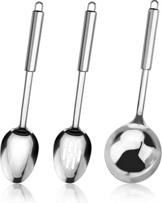 Produktbild von 3 Stück Edelstahl Küchenlöffel - groß - wiederverwendbar - hitzebeständig - Küchenhilfe mit Griff - Edelstahl 0065