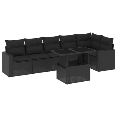 Produktbild von Gartenmöbel-Set 7-tlg., modulares Loungesofa mit verstellbarem Tisch, Poly Rattan Schwarz, inkl. UV-beständige Kissen mit waschbaren Bezügen
