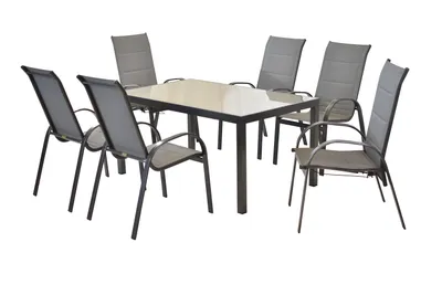 Produktbild von Merxx Gartenmöbel Set Amalfi 7tlg., 4 Stapelsessel, 2 Gasdrucksessel, 1 Tisch 150 x 80 cm - Aluminium/Textil