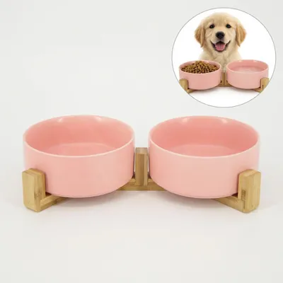 Immagine prodotto di Ciotola doppia in Vetroceramica per cani e gatti con supporto in bambù, 2x400 ml, rosa