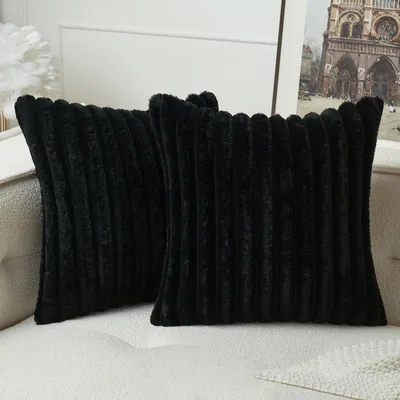 Produktbild von Plüschkissenbezug 40x40 cm, Kunstfell, dekorativer Kissenbezug für Wohnzimmer, Schlafzimmer und Sofa, Kuschelkissen, schwarz, 2er-Set