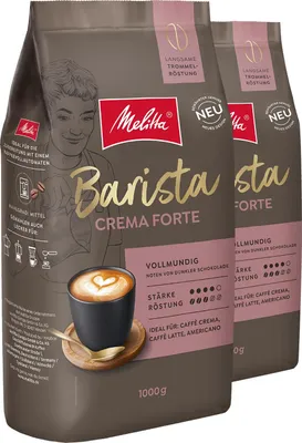 Two bags of Melitta Barista Crema Forte coffee beans are shown, with a cup of coffee in the foreground.