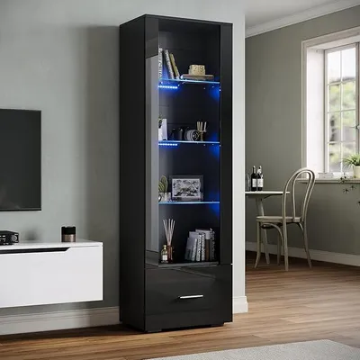 Produktbild von Glasvitrine mit Led Beleuchtung schwarz/weiß, Hochglanzfront,mit 4 Einlegeböden und 1 Schublade.Standvitrine, Wohnzimmer Vitrine, Vitrinenschrank, W550xD350xH1720mm
