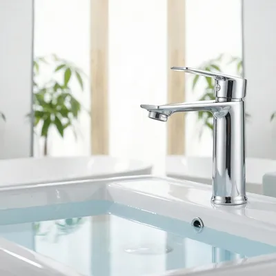 Immagine prodotto di Rubinetto per lavabo UnboxG, finitura cromata lucida, miscelatore monocomando, aeratore a risparmio idrico, cartuccia in Vetroceramica, ottone, per acqua calda e fredda
