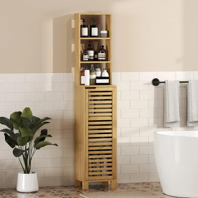 Produktbild von Badezimmerschrank schmal aus Bambus, Hochschrank, Standregal mit Lamellentür, Naturholz | 34x30x170 cm | Kippschutz