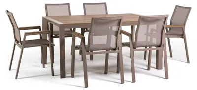 Produktbild von Outdoor-Esstisch-Set mit Aluminiumtisch 160x90 cm und 6 stapelbaren Stühlen aus Textilene und Polywood in Holzoptik Liam und Deva