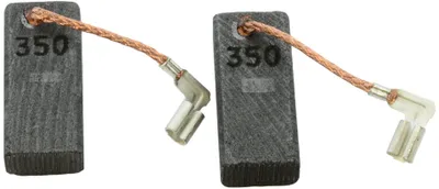 Two carbon brushes with attached wires and connectors, isolated on a white background.