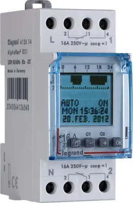 Produktbild von Legrand Digitale Astro-Zeitschaltuhr mit Kombifunktion AlphaRex D21, 1 Kanal, 2-modulig mit 56 Schaltprogramme für DIN Hutschiene, 412654