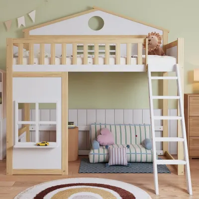 Produktbild von Etagenbett 90x200cm aus Kiefer und MDF mit Treppe, Hausbett mit Dach und Fenster, Kinderbett in Weiß und Natur für Kinderzimmer