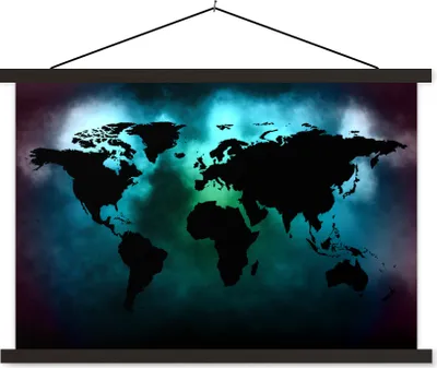 Produktbild von MuchoWow® Textilposter Weltkarte - Schwarz - Grün 60x40 cm mit schwarzem Rahmen - Hölzernes