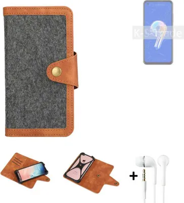 Produktbild von K-S-Trade Handyhülle + Kopfhörer kompatibel mit Asus Zenfone 9 Schutzhülle Filzhülle Kunstleder dunkelgrau braun (1x)