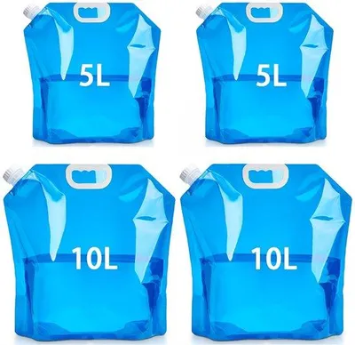 Image de Unyqoos® : Lot de 4 bidons pliables pour l'eau – 2 bidons de 5 litres et 2 bidons de 10 litres, en polyéthylène sans BPA, étanches, résistants de -30 à 61 °C, avec bouchon large et poignée de transport, compacts, idéaux pour le camping