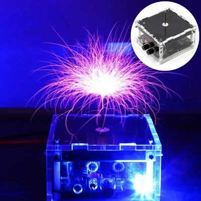 A Tesla coil emitting purple electrical discharges against a blue background, with a smaller inset image of the device.