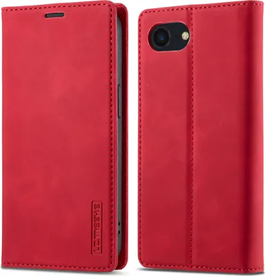 A red leather phone case is shown from two angles, one closed and one open, revealing the phone inside.