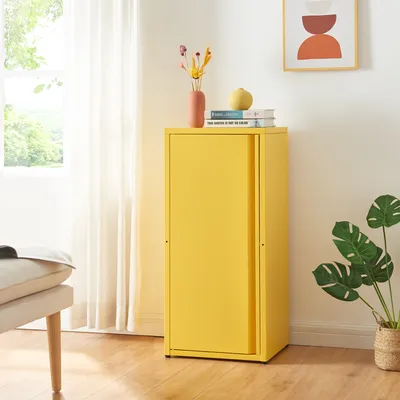 A bright yellow metal cabinet is shown in a room with a window and a plant.