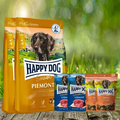 Produktbild von Happy Dog Sensible Piemonte 2 x 10 kg + Happy Dog Soft Snack Toscana 2 x 100 g + Happy Dog Sensible Pure Germany 2 x 400 g