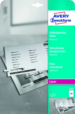 Produktbild von Avery Zweckform 3482 Transparente, selbstklebende Folien, DIN A4, spezialbeschichtet, stapelverarbeitbar, selbstklebend, Stärke: 0,14 mm, Obermaterial: 0,43 mm, 25 Blatt