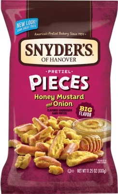 A bag of Snyder's of Hanover Pretzel Pieces, Honey Mustard and Onion flavor.
