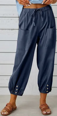 Produktbild von ASKSA Damen 7/8 Länge Hose Weitem Bein Freizeithose Leicht Sommerhose Casual Leinenhose, Navy blau, L