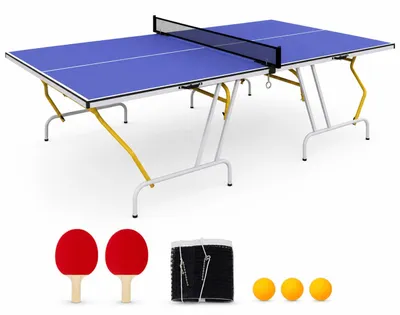 Produktbild von Tischtennisplatte mit Netz, klappbar, 274 x 152,5 x 76 cm, Blau, inkl. 2 Schläger und 3 Bälle, platzsparendes Tischtennis-Set für Indoor-Sport
