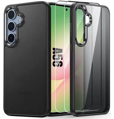 Image de Coque + 2 Verres Trempés pour Samsung Galaxy A56 5G, Protection Anti-Rayures Silicone Noir + Dos Rigide Translucide
