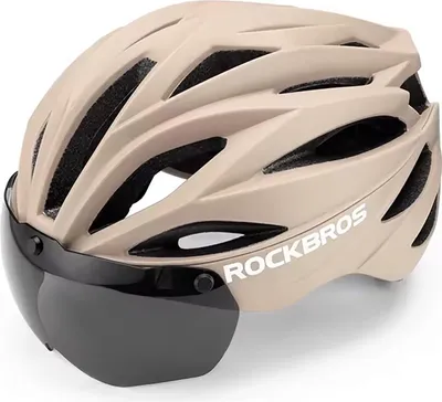 A beige bicycle helmet with a black visor and the brand name 'ROCKBROS' printed on the side.