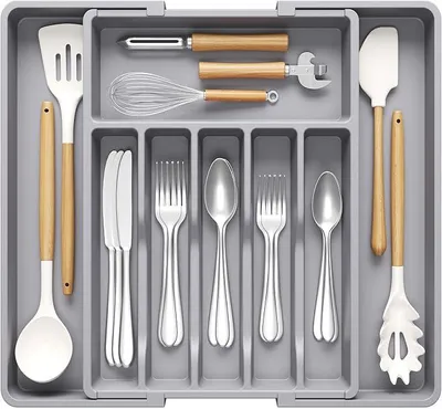 Produktbild von PolkaHome® Besteckkasten Verstellbar, Bestecklade Organizer für Küchenschublade, Kunststoff Küchenorganizer, Besteckablage für