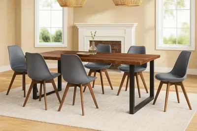 Produktbild von 7 TLG. Essgruppe Josy | Esstisch mit 6 Stühlen | 220x100 cm mit Baumkante | Holz Nussbaum-Optik | 40 mm Platte | U-Gestell Schwarz | 6X Schalenstuhl Grau + Gestell in Nussbaumfarben