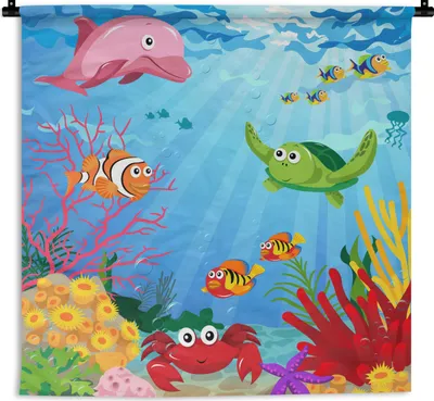 Produktbild von MuchoWow® Wandteppich Wandbehang Kinder - Tiere - Meer 150x150 cm Tapisserie Dekoration Wandtuch - Wohnaccessoires - Modernes