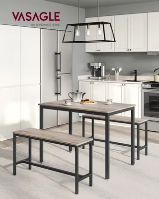 Produktbild von VASAGLE Esstisch, Küchentisch-Set mit 2 Bänken, 3er-Set, 110 x 70 x 75 cm, Greige meliert-Tintenschwarz