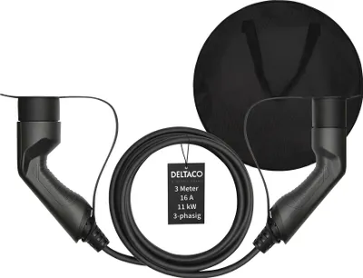 Produktbild von Deltaco E-Auto EV-Ladekabel + Tasche, Typ2 auf Typ2, 16 A, 11 kW, 3-phasig, 3m