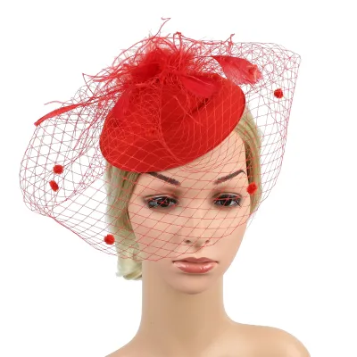 Produktbild von Haarreif-Design, süßer Fascinator-Hut, handgefertigt, edel, einfarbig, Kunstfeder-Netzdekor, Braut-Kopfschmuck, Haar-Accessoires, Rot
