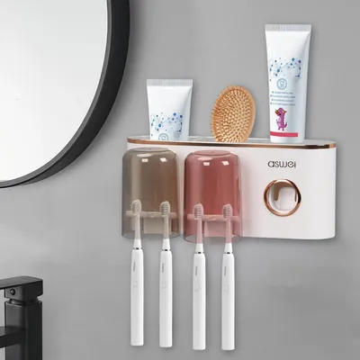 Obrázok produktu pre Držiak na zubné kefky na stenu so zásobníkom a 2 hrnčekmi, bez vŕtania, sivý a zlatý