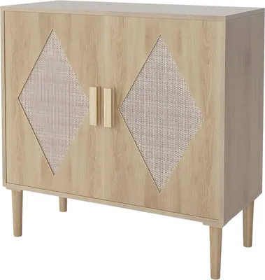 Productafbeelding van Keukenbuffet met deuren van riet – Dranken- en koffiebuffet – MDF en metaal – 90 x 80 x 79 cm – Natuurlijk