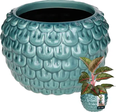 Zdjęcie produktu dla KOTARBAU® Artystyczna doniczka ceramiczna duży wzór vintage rybia łuska ręcznie robiona ⌀ 17 cm wysokość 13 cm Doniczka ceramiczna doniczka ceramiczna niebieski i turkusowy kolor doniczka ceramiczna orchidea