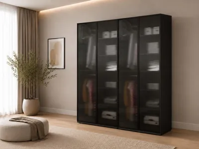 Produktbild von Drehtürenschrank, Falttürenschrank 4-türig Schrank mit Einlegeböden und Kleiderstange, Schlafzimmer - Schrank Minewra 200- Schwarz Flutes