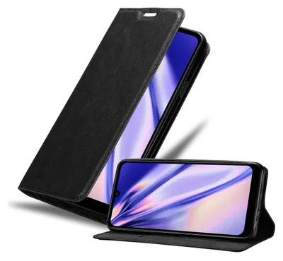 A black flip phone case is shown with a smartphone inside, displaying a colorful wallpaper. The case is open, with the front cover folded back.