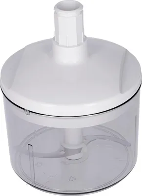 A close-up studio shot of a white and clear food processor attachment.