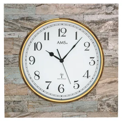 Produktbild von AMS F5567 Funkwanduhr mit Holzgehäuse und brauner Steinauflage