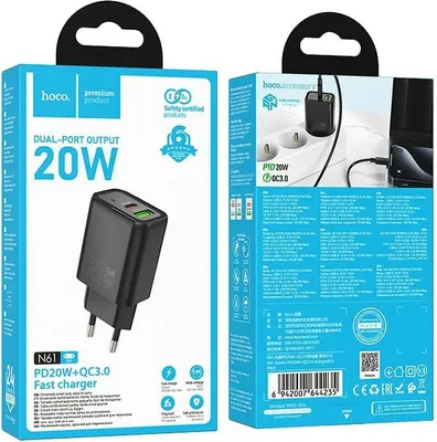 Immagine prodotto di Caricabatteria Da Rete Hoco N61 20W USB-C E USB-A Nero
