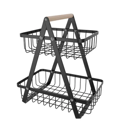 Produktbild von YARDIN Obstkorb 2 Stöckig Obstkorb Rack Obstschale,Abnehmbar Obst Halter,mit Holzgriff Brotkorb,Konstruktion aus Kohlenstoffstahl Obst Gemüse Brot Snacks Korb,Schwarz