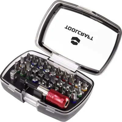 Produktbild von TOOLCRAFT 1613599 Bit-Set 32teilig Schlitz, Kreuzschlitz Phillips, Kreuzschlitz Pozidriv, Innen-Sechskant, T-Profil mit