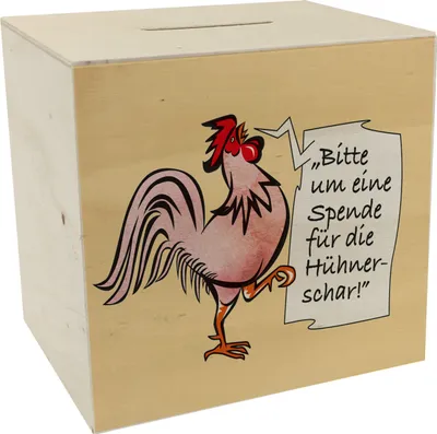 Produktbild von Spardose aus Holz mit Hahn Motiv in rot zum Thema Trinkgeld und lustigem Spruch