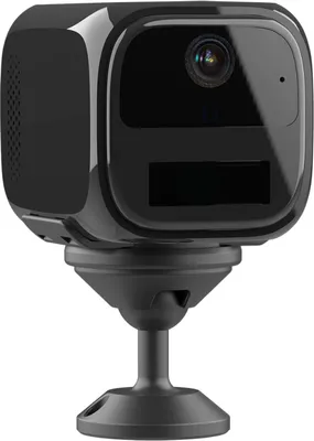 A black wireless mini camera on a black stand against a white background.
