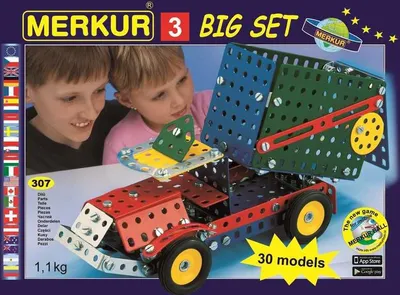 The image shows the packaging for a Merkur 3 Big Set construction toy, featuring two children looking at a model truck built from the set.