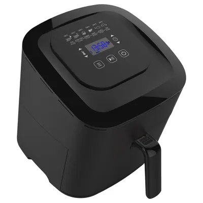 A black air fryer is shown from a slightly elevated diagonal angle against a light gray background.