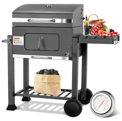 Produktbild von Holzkohlegrill Wagen - BBQ Grill mit Deckel - Smoker - Fahrbarer Grill mit 2 Rädern - Grillrost und Thermometer - Grau
