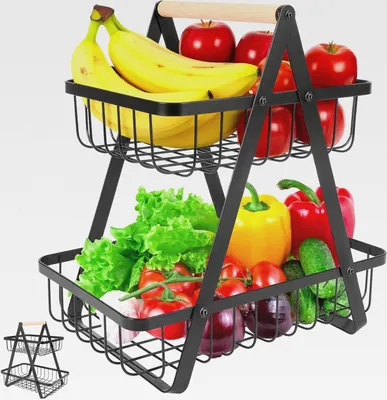 Produktbild von 2 Stöckig Obstkorb Etagere mit Holzgriff & Schraubendreher, Metall Schwarz Obstschale Etagere, Stehend Aufbewahrung Küche, Eckregal Aufbewahrung Hause & Büro, Obstschalen für Brot, Gemüse, Snacks