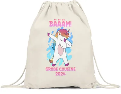 Produktbild von Bäääm Große Cousine 2024 Turnbeutel Gymsack Einhorn Schwangerschaft Ankündigung Babyparty Babyshower Cousin & Cousine
